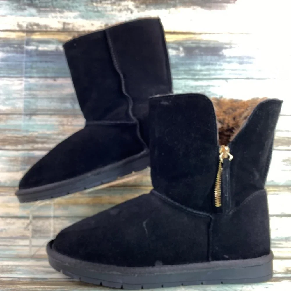 Serra Black Suede Ankle Boot Bootie Zip Faux Fur Leopard Print Casual Womens 7M